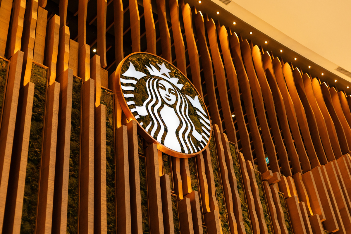 An image of the Starbucks logo on a Starbucks store.