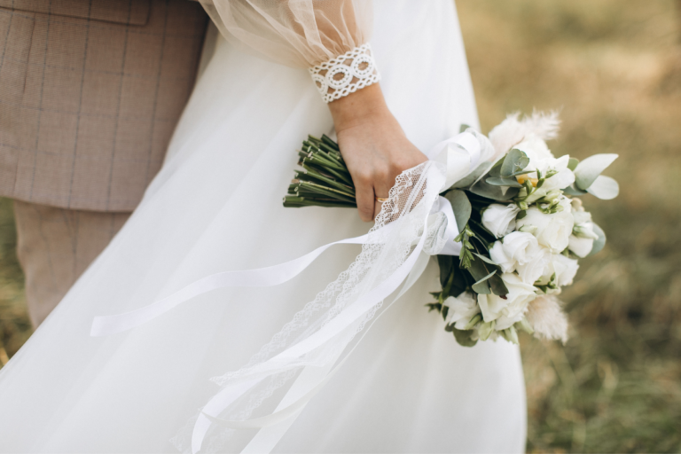 A close up image of a brides flowers.